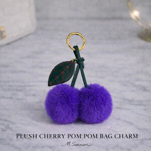 NEW Plush Cherry Pom Pom Bag Charm Keychain | Faux Fur | Royal Purple